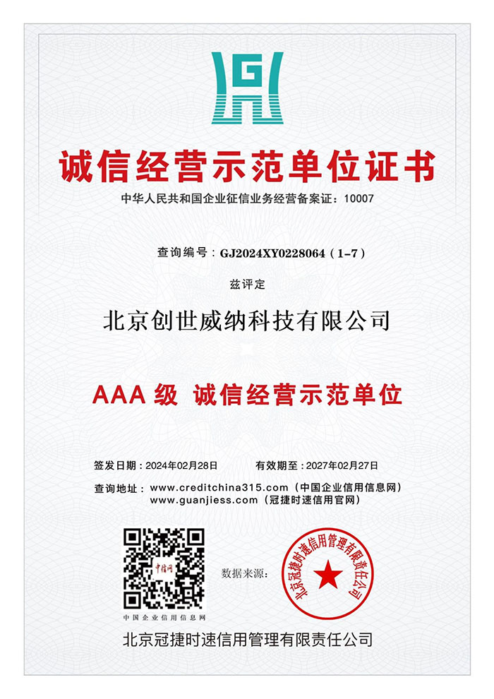 诚信经营示范单位证书